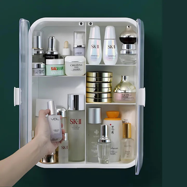 Double Door Bathroom Cabinet Shelf, Punch Free Bathroom Toilet Shelf, Wall Mounted Storage Box for Washroom, Durable Plastic Bathroom Shelf, Decorative Home and Living Organizer
