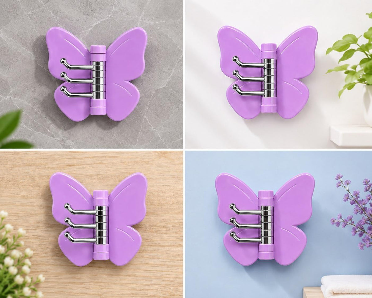 Set of 3 360 Rotating Butterfly Wall Hooks, Self Adhesive Heavy Duty Hanger, Wall Mounted Utensils Organizer, Multi Purpose Door Keys Towels Clothes Hooks