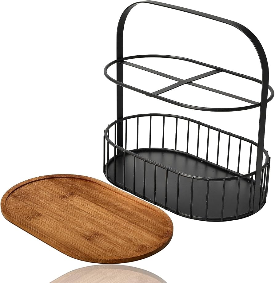 2 Tier Kitchen Storage Basket with Wooden Tray, Multifunctional Countertop Organizer with Handle, Metal Wire Storage Basket with Wooden Top