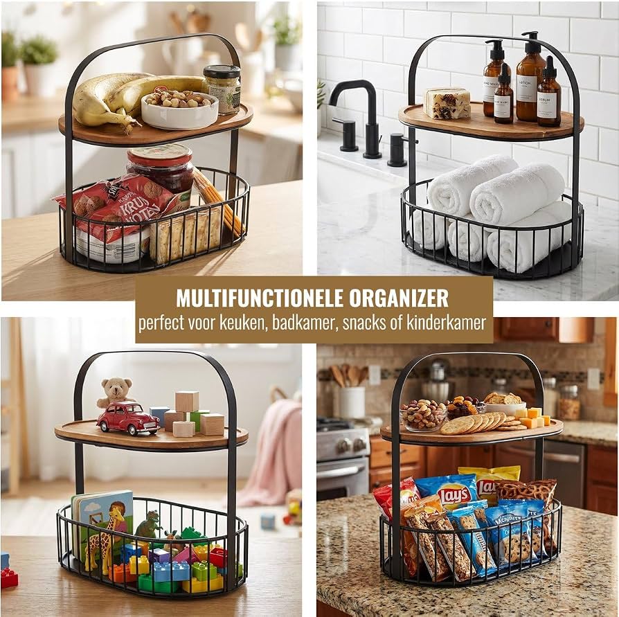 2 Tier Kitchen Storage Basket with Wooden Tray, Multifunctional Countertop Organizer with Handle, Metal Wire Storage Basket with Wooden Top