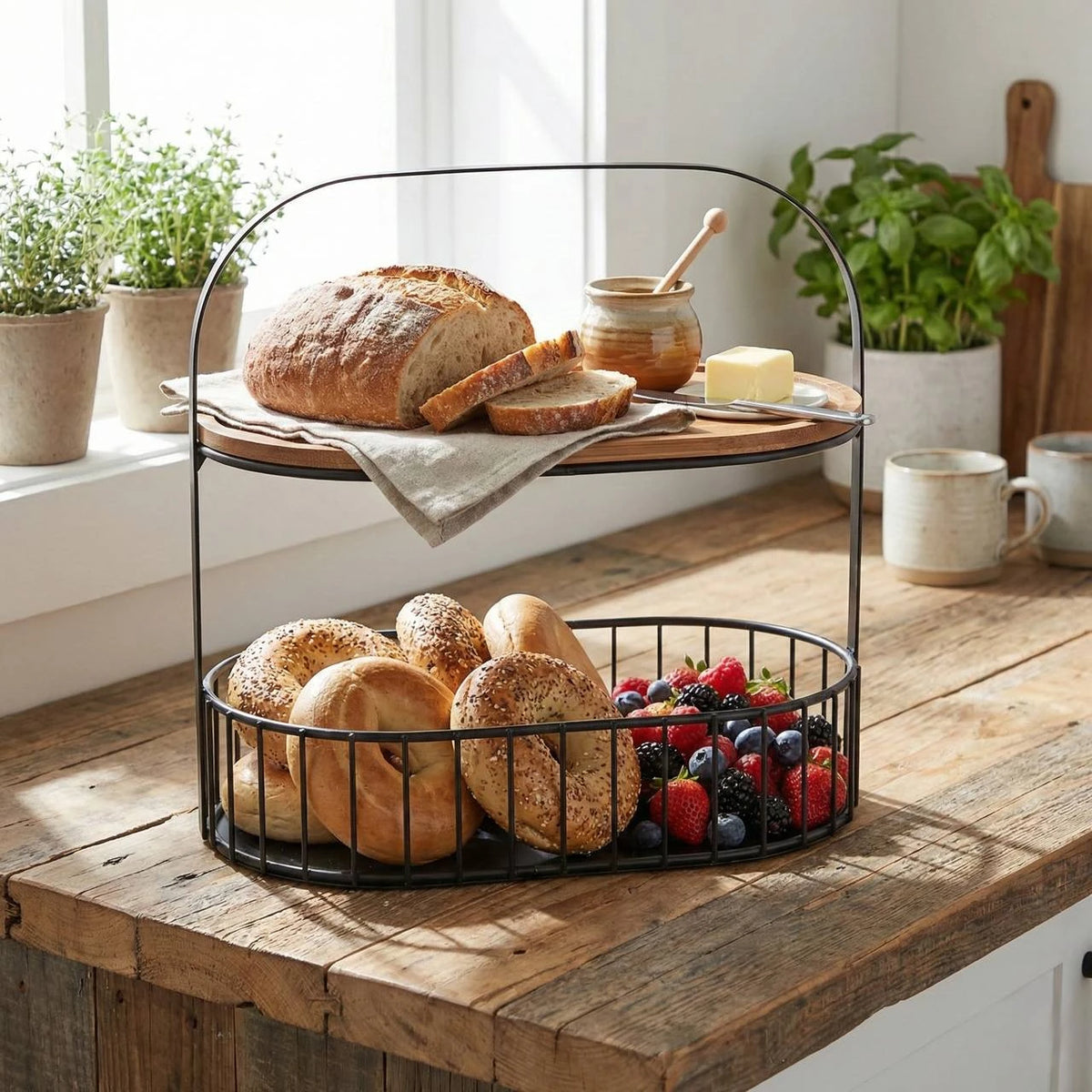 2 Tier Kitchen Storage Basket with Wooden Tray, Multifunctional Countertop Organizer with Handle, Metal Wire Storage Basket with Wooden Top