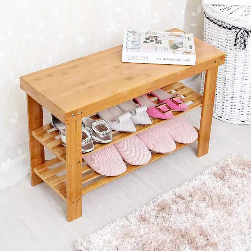 2 Tier Bamboo Shoe Rack Bench with Shelves, Space Saving Bamboo Shoe Organizer Bench, Multipurpose Bamboo Shoe Organizer with Bench, Wooden Entryway Shoe Rack with 2 Tier Storage