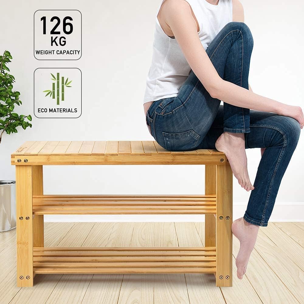 2 Tier Bamboo Shoe Rack Bench with Shelves, Space Saving Bamboo Shoe Organizer Bench, Multipurpose Bamboo Shoe Organizer with Bench, Wooden Entryway Shoe Rack with 2 Tier Storage