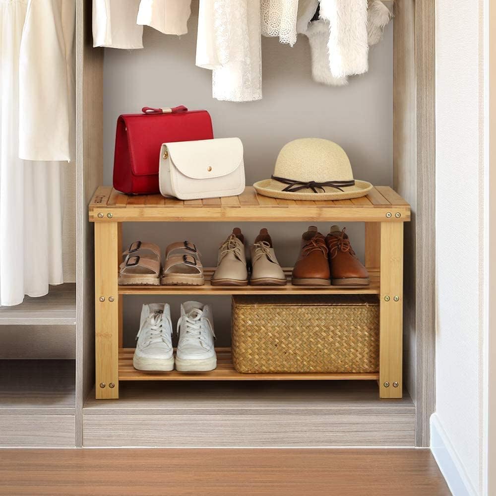 2 Tier Bamboo Shoe Rack Bench with Shelves, Space Saving Bamboo Shoe Organizer Bench, Multipurpose Bamboo Shoe Organizer with Bench, Wooden Entryway Shoe Rack with 2 Tier Storage
