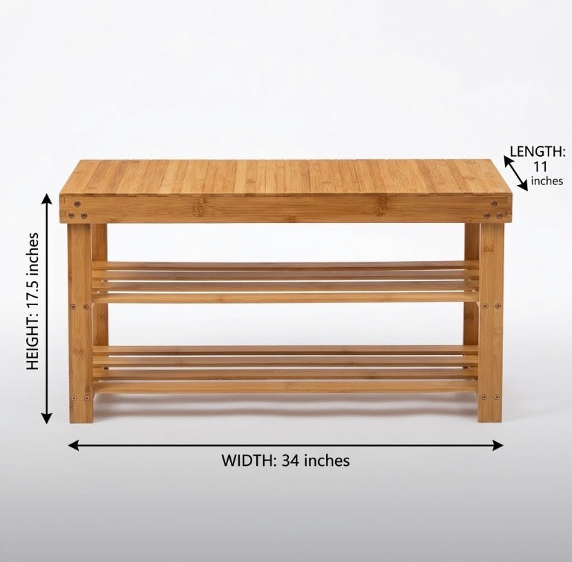 2 Tier Bamboo Shoe Rack Bench with Shelves, Space Saving Bamboo Shoe Organizer Bench, Multipurpose Bamboo Shoe Organizer with Bench, Wooden Entryway Shoe Rack with 2 Tier Storage