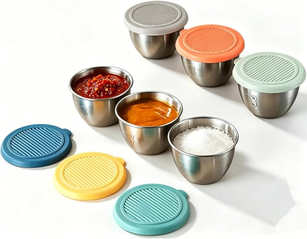 Pack of 4 80ml Sauce Cups with Lids, Stainless Steel Condiment Containers for Lunch Box, Leakproof Small Sauce Cups, Mini Round Food Storage Containers, Reusable Lunch Box Bowls For Ketchup