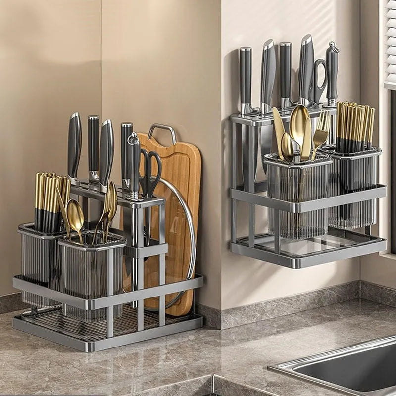 Multifunctional Kitchen Knife Holder And Utensil Organizer Rack, Countertop Storage Rack with Removable Holders, Kitchen Knife Stand with Utensil Holders