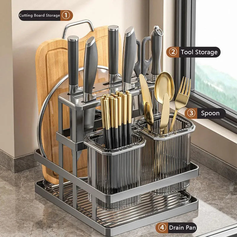 Multifunctional Kitchen Knife Holder And Utensil Organizer Rack, Countertop Storage Rack with Removable Holders, Kitchen Knife Stand with Utensil Holders