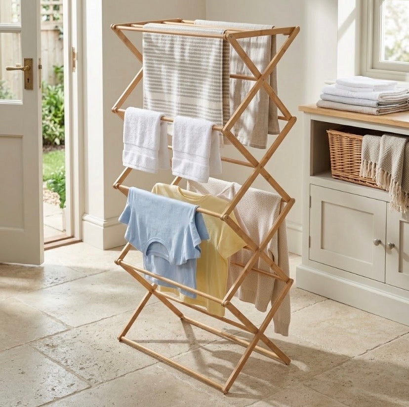Foldable Bamboo Clothes Drying Rack, Space Saving X Frame Towel Rack, Multi Tier Folding Clothes Drying Rack