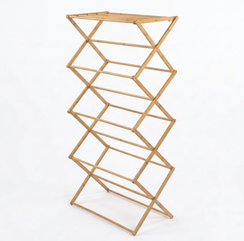 Foldable Bamboo Clothes Drying Rack, Space Saving X Frame Towel Rack, Multi Tier Folding Clothes Drying Rack