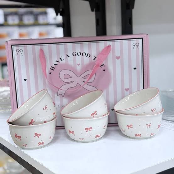 6pcs Ceramic Bowl Set with Pink Bow Design, Cute Bow Printed Ceramic Serving Bowls, Pink Ribbon Design Dessert Bowl Set