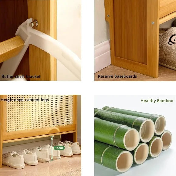 3 Tier Bamboo Rattan Shoe Storage Cabinet, Natural Bamboo Flip Door Shoe Rack Organizer, Wooden Rattan Shoe Storage Rack, Space Saving Bamboo Shoe Cabinet with Mesh Doors