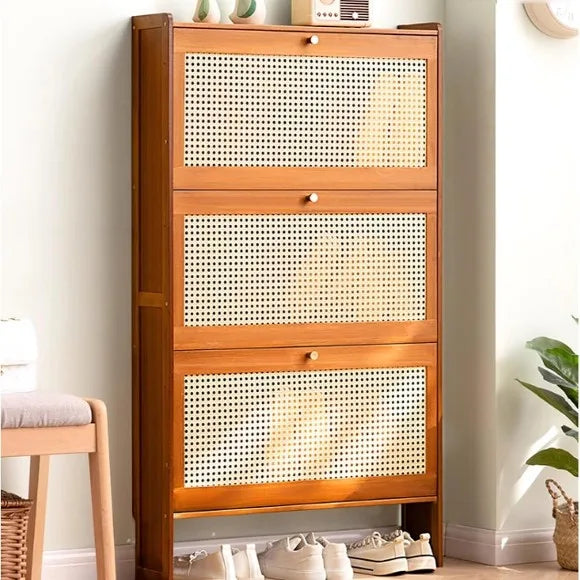 3 Tier Bamboo Rattan Shoe Storage Cabinet, Natural Bamboo Flip Door Shoe Rack Organizer, Wooden Rattan Shoe Storage Rack, Space Saving Bamboo Shoe Cabinet with Mesh Doors