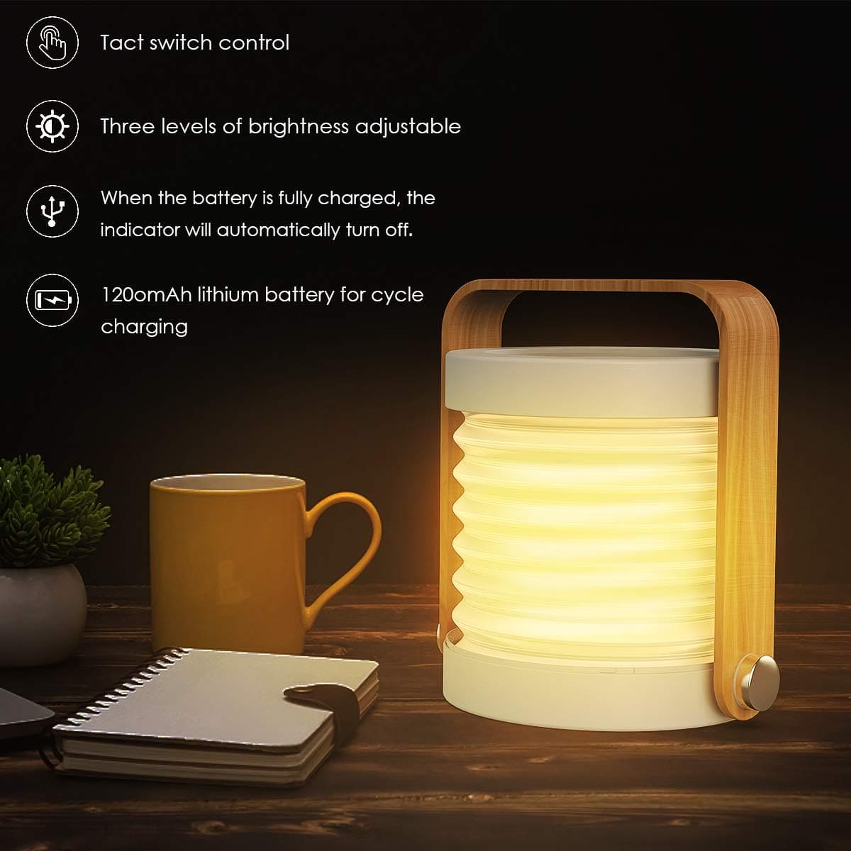 4 In 1 Foldable Table Lamp, Touch Dimmable LED Portable Lantern Light, Rechargeable Camping Lantern Night Light, Wooden Handle Telescopic Lantern Light, Touch Control Dimmable 3 Level Night Light