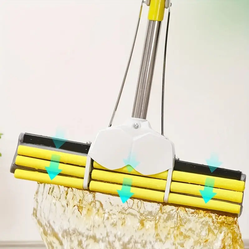 Foamic Sponge Squeezy Mop, Double Roller Sponge Foam Mop, Telescopic Folding Type Mop, Floor Cleaning Squeeze Mop, Telescopic Handle Squeegee Absorber Sponge, Home Floor Kitchen Living Room Bathroom Cleaning Tools