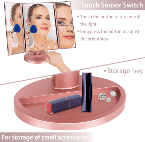 LED Zooming Mirror, 22 LED Light Makeup Mirror, Magnifying Cosmetic Mirror, 180 Rotation Adjustable Touch Dimmer Table Makeup Mirrors, Tri Fold Makeup Mirror, Smart Complementary Makeup Mirror, Vanity Dimmer Beauty Table Mirror