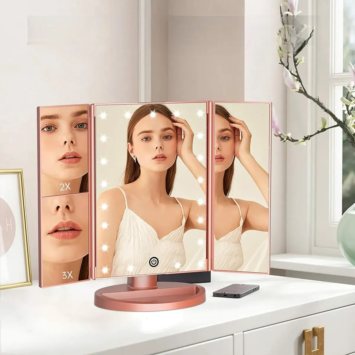 LED Zooming Mirror, 22 LED Light Makeup Mirror, Magnifying Cosmetic Mirror, 180 Rotation Adjustable Touch Dimmer Table Makeup Mirrors, Tri Fold Makeup Mirror, Smart Complementary Makeup Mirror, Vanity Dimmer Beauty Table Mirror