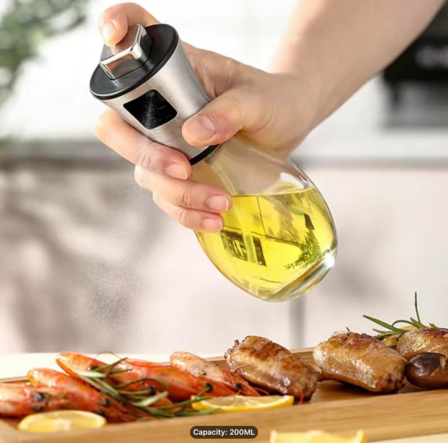 Oil Spray Pot, 200ml Cooking Oil Bottle, Stainless Steel Pump Oil Dispenser, BBQ Cookware Tool, Leak Proof Bottles with Non Slip Handle, Automatic Cap and Stopper for Kitchen Cooking