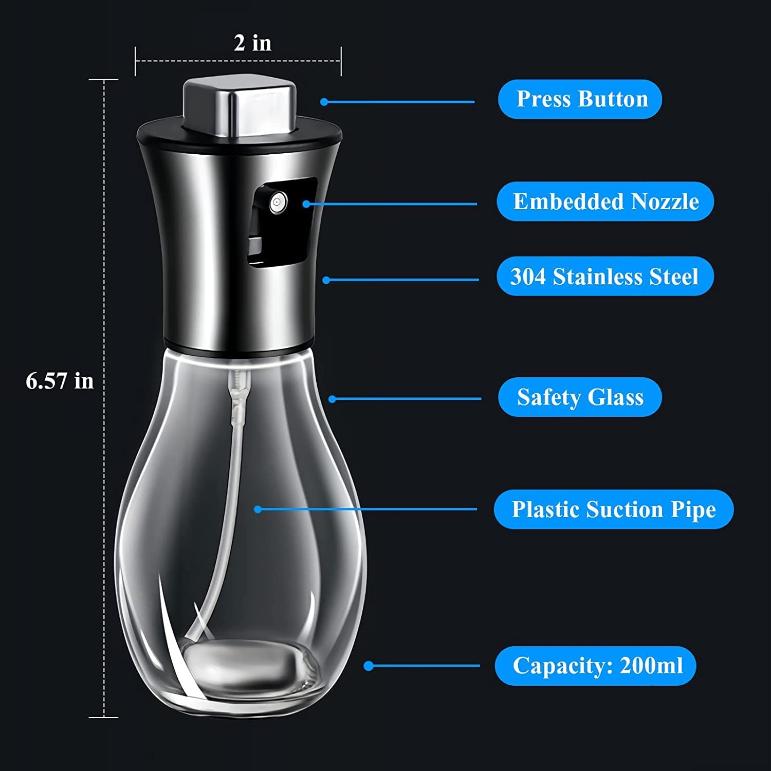 Oil Spray Pot, 200ml Cooking Oil Bottle, Stainless Steel Pump Oil Dispenser, BBQ Cookware Tool, Leak Proof Bottles with Non Slip Handle, Automatic Cap and Stopper for Kitchen Cooking