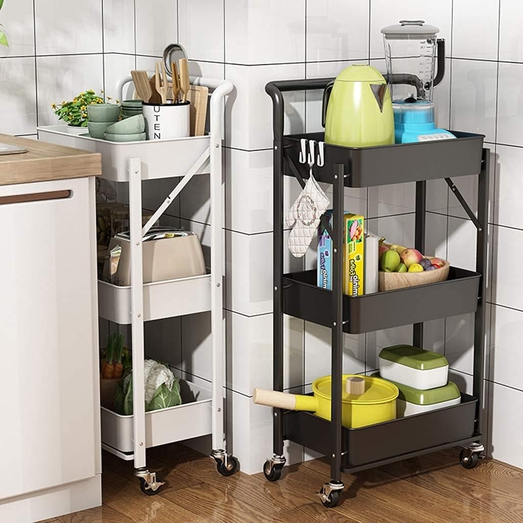3 Tier Flexible Food Trolley, Home Snack Vegetables Storage Rack with Wheels, Multifunctional 3 Tier Storage Cart, Folding Kitchen Shelves, Plastic & Stainless Steel Storage Cart