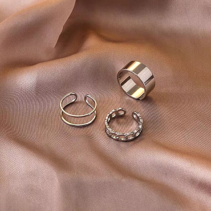 Set Of 3 Metal Alloy Hollow Opening Ring, Silver Adjustable Wide Rings, Simple Fashion Finger Rings Jewellery