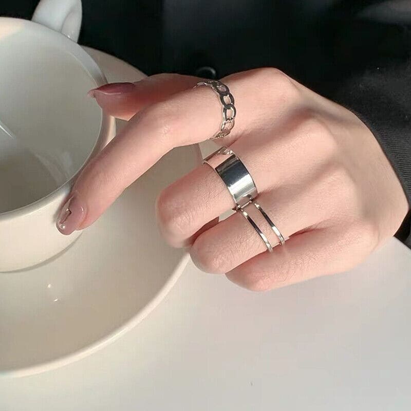 Set Of 3 Metal Alloy Hollow Opening Ring, Silver Adjustable Wide Rings, Simple Fashion Finger Rings Jewellery