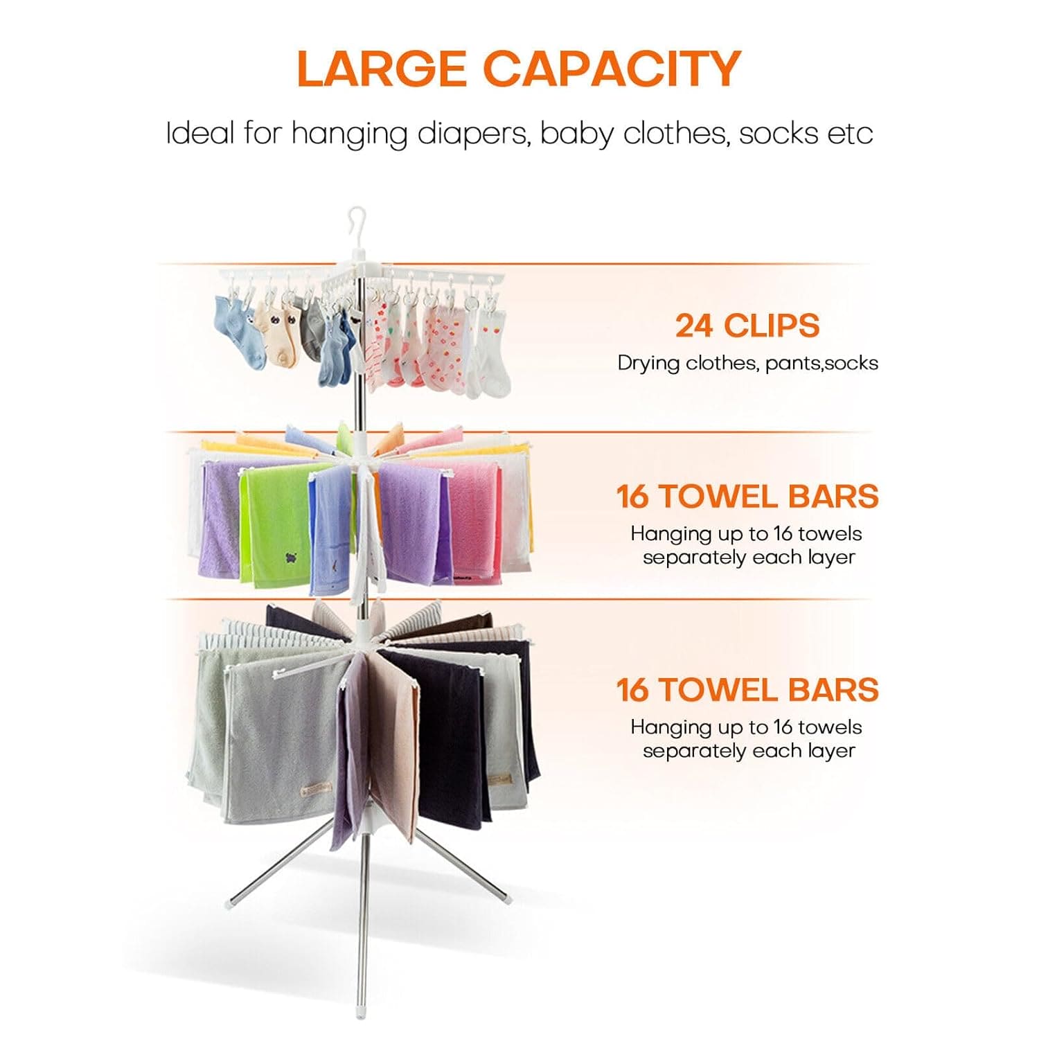 3 Tier Horse Drying Rack, Collapsible Clothes Drying Rack, Foldable Standing Laundry Stand, 360 Rotatable Tripod Airer For Clothes, Stainless Steel Frame Clothing Drying Rack, Balcony Laundry Hanger Organizer, Indoor Outdoor Garment Aire Stand
