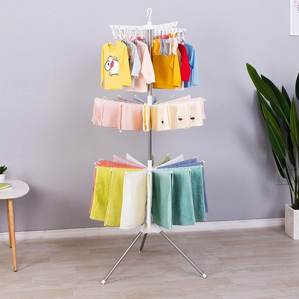 3 Tier Horse Drying Rack, Collapsible Clothes Drying Rack, Foldable Standing Laundry Stand, 360 Rotatable Tripod Airer For Clothes, Stainless Steel Frame Clothing Drying Rack, Balcony Laundry Hanger Organizer, Indoor Outdoor Garment Aire Stand