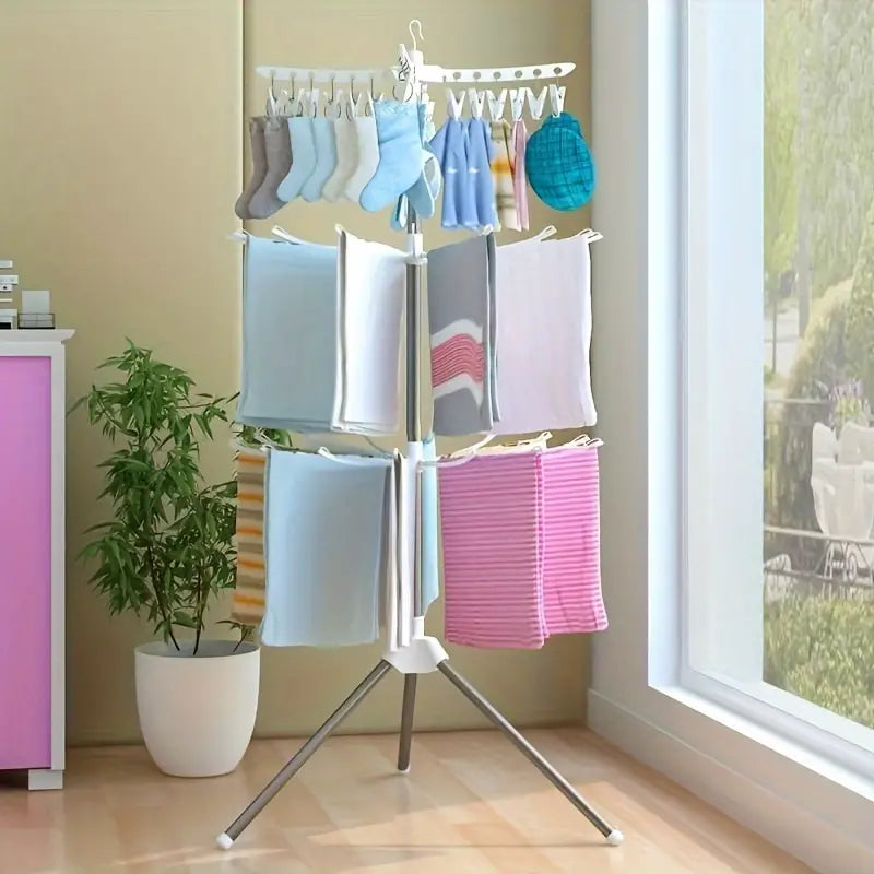 3 Tier Horse Drying Rack, Collapsible Clothes Drying Rack, Foldable Standing Laundry Stand, 360 Rotatable Tripod Airer For Clothes, Stainless Steel Frame Clothing Drying Rack, Balcony Laundry Hanger Organizer, Indoor Outdoor Garment Aire Stand