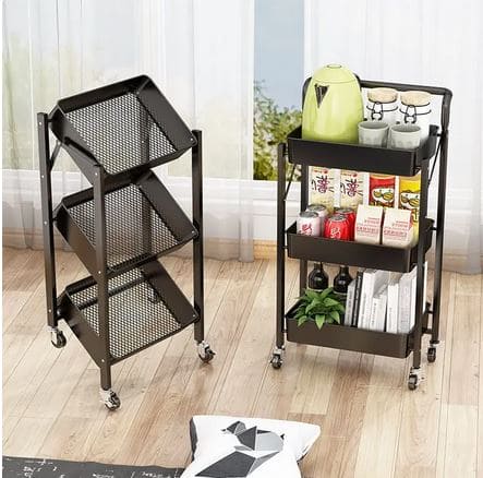 3 Tier Flexible Food Trolley, Home Snack Vegetables Storage Rack with Wheels, Multifunctional 3 Tier Storage Cart, Folding Kitchen Shelves, Plastic & Stainless Steel Storage Cart