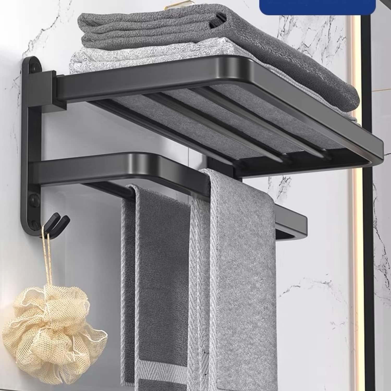 Double Folding Bath Towel Holder, Wall Matte Black Towel Rack, Bath Accessories Organizer, Self Adhesive Towel Bar, Aluminum Alloy Towel Rack, Kitchen Bathroom Shelves with Double Bar, Multifunction Double Towel Bracket
