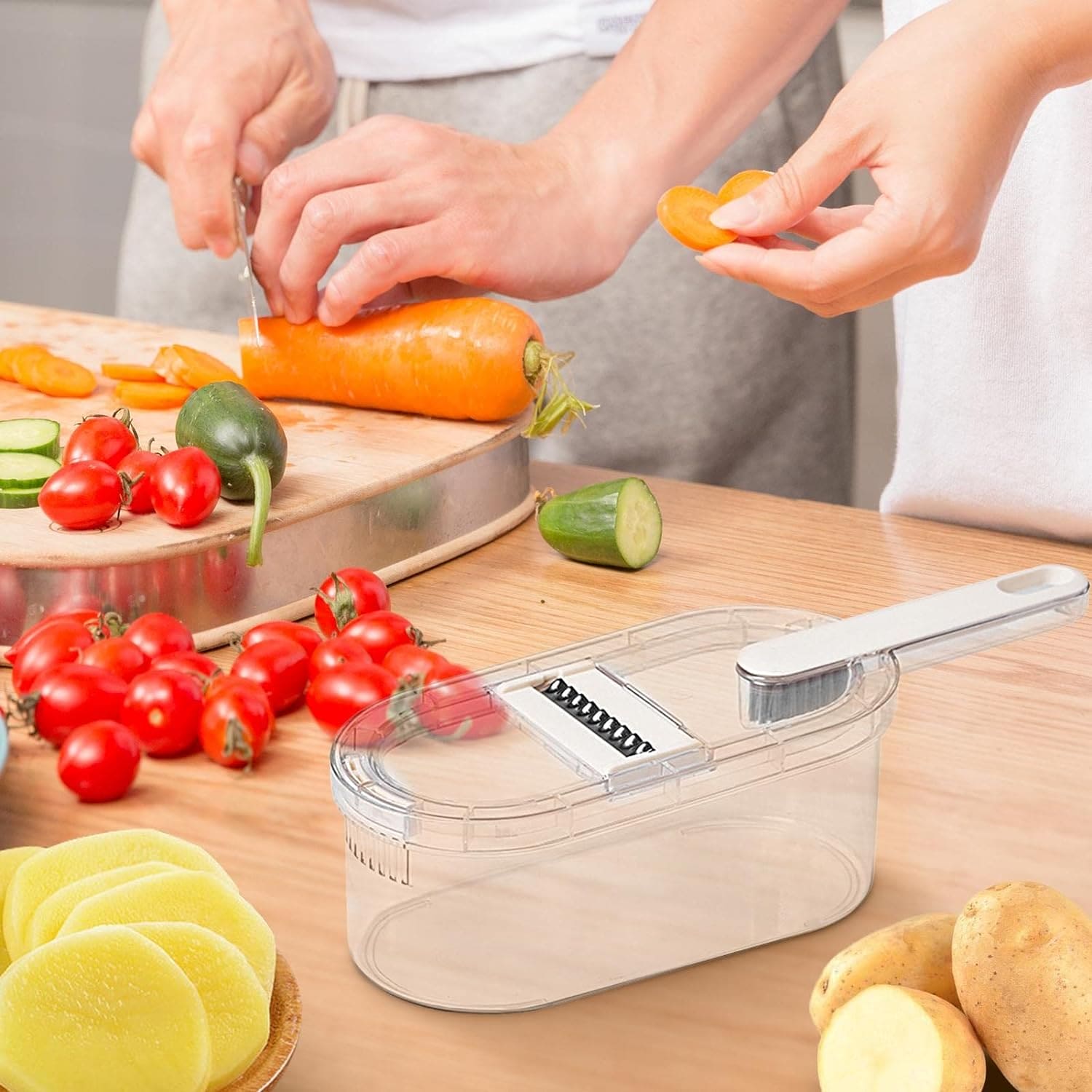 Multifunctional Vegetable Stinger, Vegetable Slicer Chopper Cutter Shredder with Storage Box, Vegetable Cutter With Basket, Hand Guard Potato Grater With Storage, Vegetable Chopper With Container, Transparent Slicer Shredder And Cutter