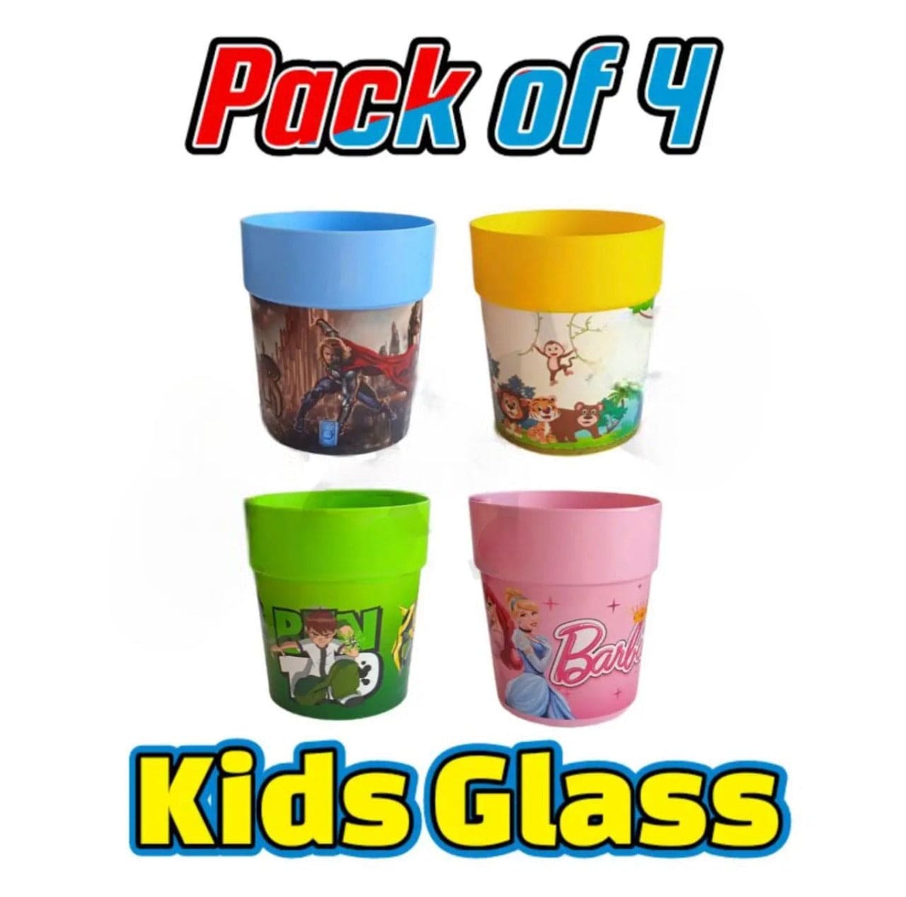 Set Of 4 Cartoon Glass, 250ml Unbreakable Plastic Glass For Kids, Cartoon Printed Cups, Premium Drinking Glasses For Kids Toddlers, Plastic Tumbler Cups
