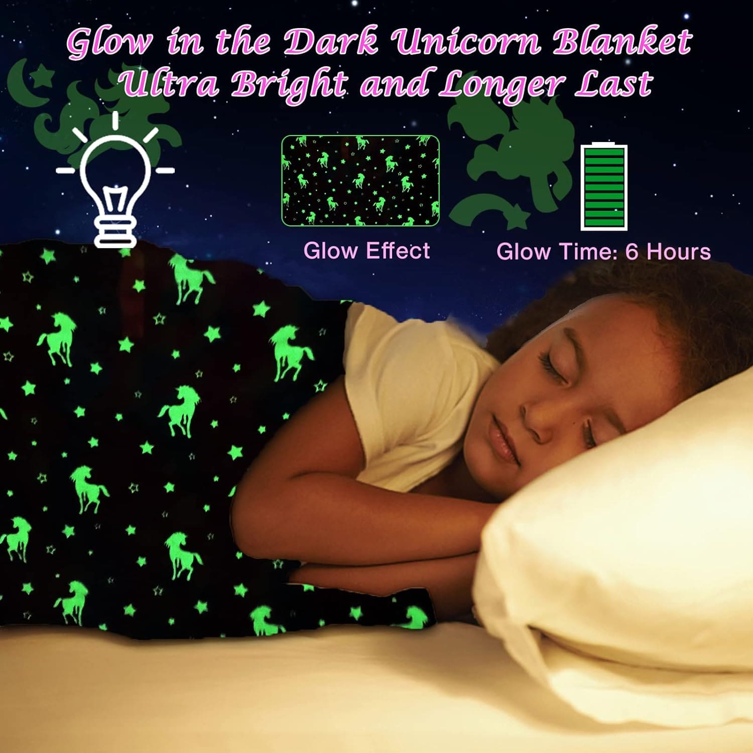 Glow In The Dark Blanket, Luminous Glowing Blanket For Kids, Super Soft Cozy Warm Rainbow Blanket, Unicorns Flannel Throw Blanket, Sleepiwsh Unicorn Kids Glow Throw, Rainbow Blanket Birthday for Toddler Kids, Cozy Soft Fluffy Fleece Nap Sleep Blankets
