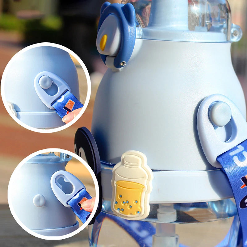Animated Water Bottle, Summer Water Bottle For Kids, Cute Plastic Kid Water Cup, Water Bottle with Shoulder Strap, Cute Insulated Water Bottles, Portable Kid Drink Mug, Plastic Outdoor School Drink Water Cup, Cute Water Bottles with 3D Stickers
