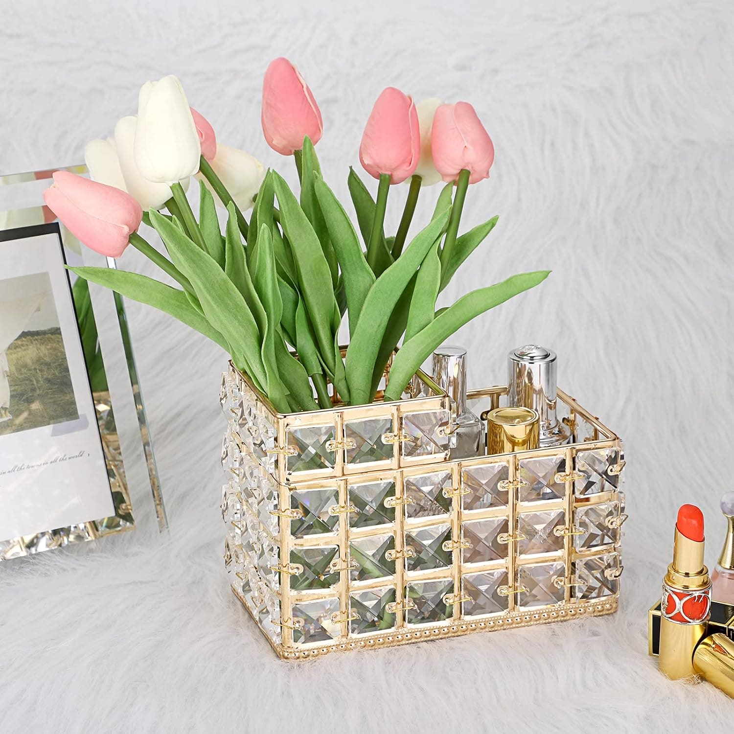 Nordic Crystal Makeup Brush Holder, Desktop Eyebrow Pencil Storage Bucket, Jewelry Cosmetic Organizer, Vintage Square Crystal Cosmetic Brush Holder, Multifunctional Double Compartment Luxury Organizer