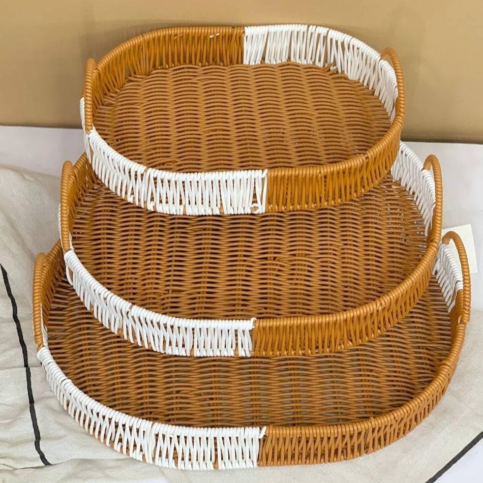 Set Of 3 Oval Rattan Basket, Double Ear Non Woven Imitation Tray, Bread Basket Fruit Basket, Creative Display Snack Storage Basket, Plastic Rattan Lace Bamboo Basket, Kitchen Dining Fruit Plate, Multipurpose Storage Basket