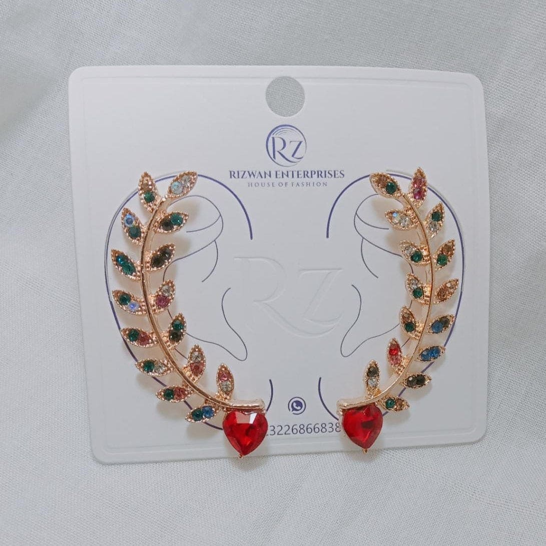 Leaf Crystal Heart Sparking Cuff Earring, Piercing Ear Bone Clip, Curved Leaf Brooch Ear Cuff, Ruby Ear Cuff,