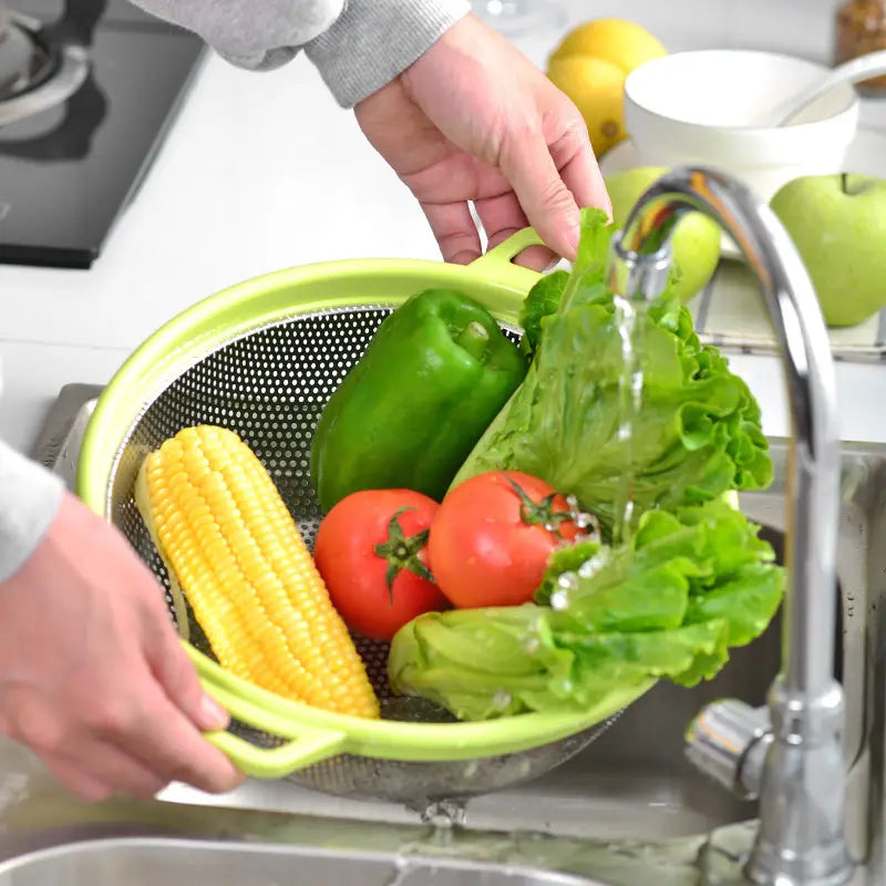 Generic Plastic Handle Steel Colander, Stainless steel Drain Pan Basket, Multipurpose Vegetable Washing Basket, Stainless Steel Rice Washing Sieve with Plastic Handle, Vegetable Fruit Clean Storage Basket