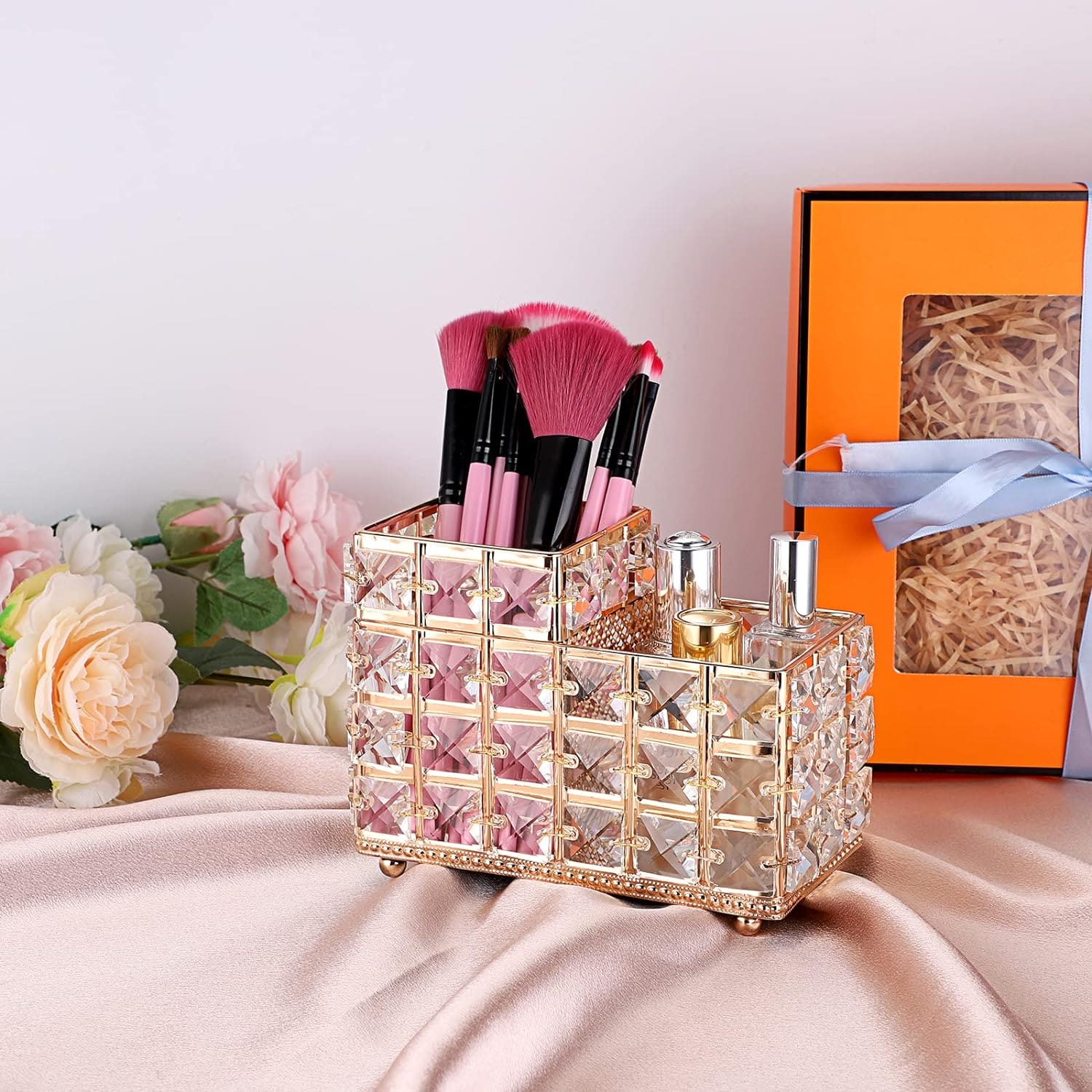 Nordic Crystal Makeup Brush Holder, Desktop Eyebrow Pencil Storage Bucket, Jewelry Cosmetic Organizer, Vintage Square Crystal Cosmetic Brush Holder, Multifunctional Double Compartment Luxury Organizer
