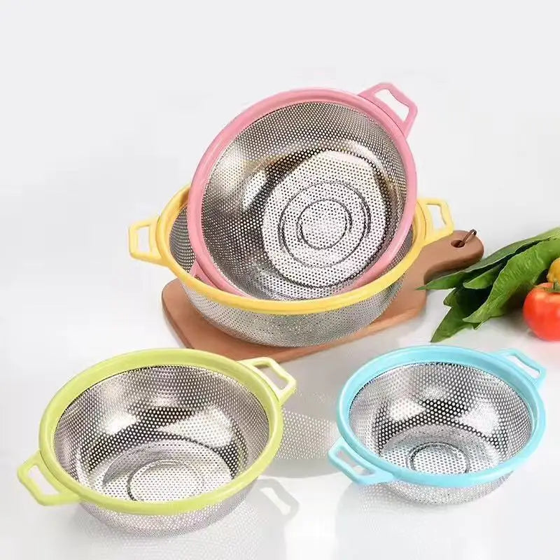 Generic Plastic Handle Steel Colander, Stainless steel Drain Pan Basket, Multipurpose Vegetable Washing Basket, Stainless Steel Rice Washing Sieve with Plastic Handle, Vegetable Fruit Clean Storage Basket
