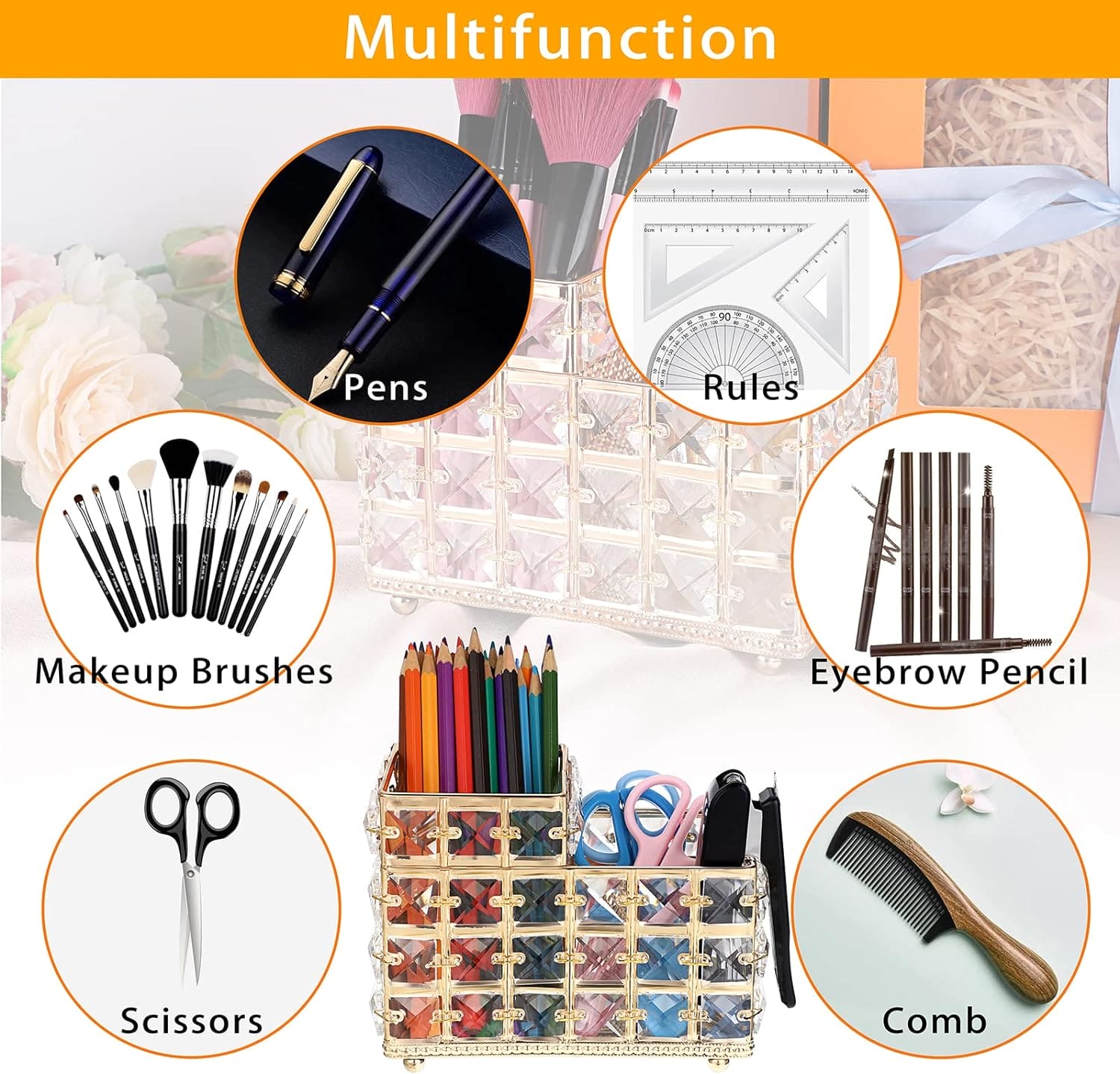 Nordic Crystal Makeup Brush Holder, Desktop Eyebrow Pencil Storage Bucket, Jewelry Cosmetic Organizer, Vintage Square Crystal Cosmetic Brush Holder, Multifunctional Double Compartment Luxury Organizer