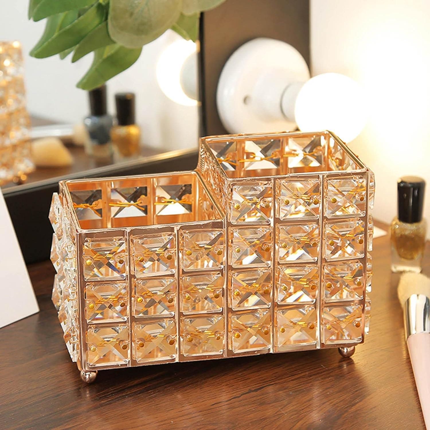 Nordic Crystal Makeup Brush Holder, Desktop Eyebrow Pencil Storage Bucket, Jewelry Cosmetic Organizer, Vintage Square Crystal Cosmetic Brush Holder, Multifunctional Double Compartment Luxury Organizer