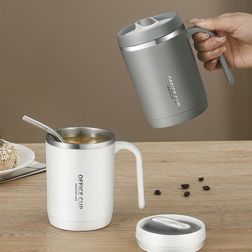 500ml Travel Carry Mug With Handle, Stainless Steel Thermos with Cup Lid, Household Office Insulated Mug, Double Anti-scald Thermal Mug, Large Capacity Beverage Cup, Home Office Coffee Mug, Coffee Milk Juice Mug with Straws &Lids Kitchen Drinkware