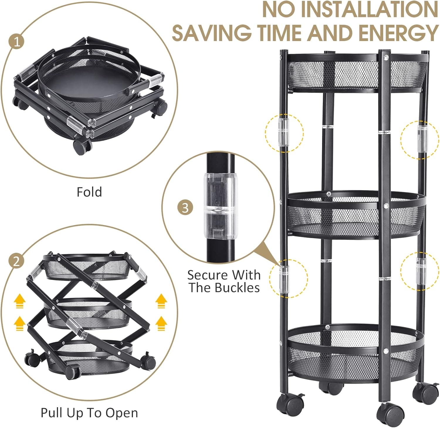 3 Layer Folding Storage Cart, Flexible Food Trolley, Home Snack Vegetables Storage Rack with Wheels, Multifunctional 3 Tier Storage Cart