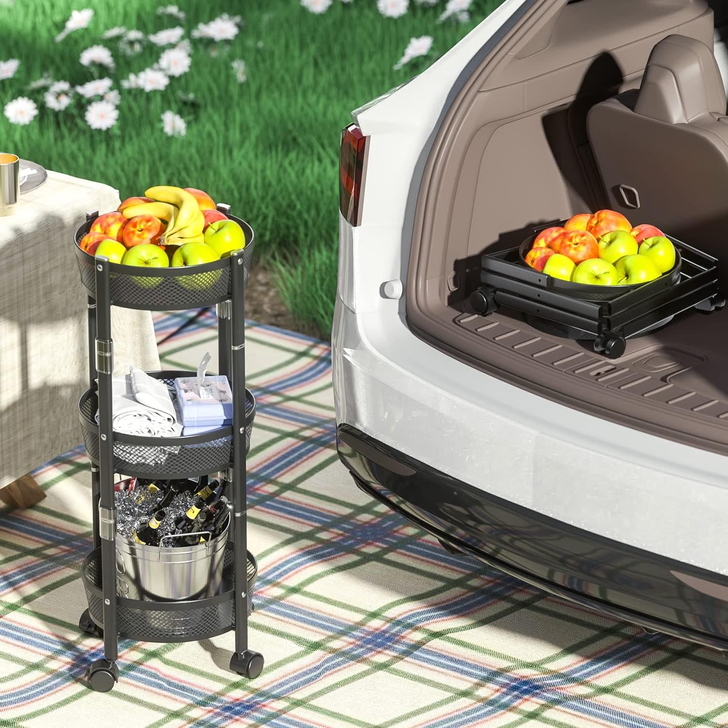 3 Layer Folding Storage Cart, Flexible Food Trolley, Home Snack Vegetables Storage Rack with Wheels, Multifunctional 3 Tier Storage Cart