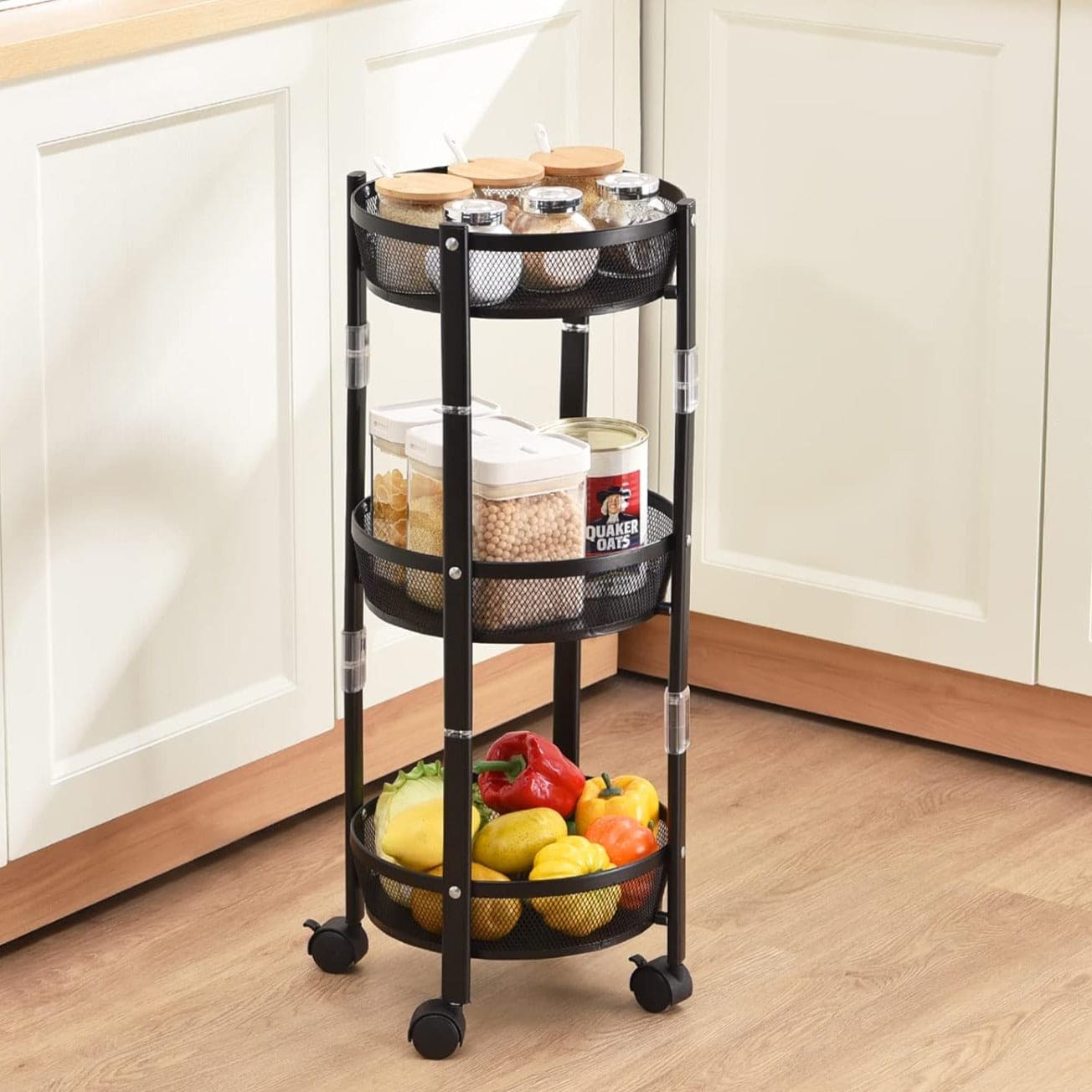 3 Layer Folding Storage Cart, Flexible Food Trolley, Home Snack Vegetables Storage Rack with Wheels, Multifunctional 3 Tier Storage Cart