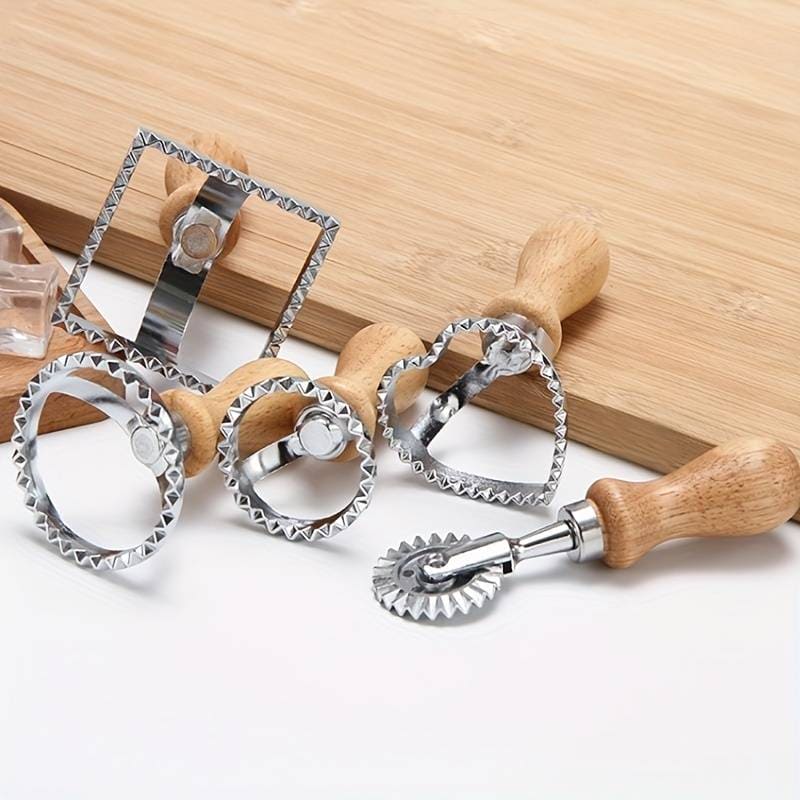 Cookie Stamp Cutter, Professional Ravioli Cutter Set with Wooden Handle, DIY Decoration Fondant Press Cutter, Press Mold Dumpling Lace Embossing Device