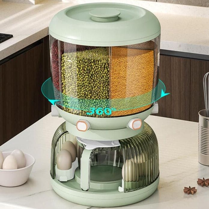 Cereal Divider Bucket, Multipurpose Rotating Kitchen Storage Box, 6 Grid 360° Rotating Grain Rice Dispenser, Sealed Cereal Dispenser Rice Tank, Dry Food Rotating 6 Storage Container With Egg Groove Shelf, Multi Grid Food Storage Container For Kitchen