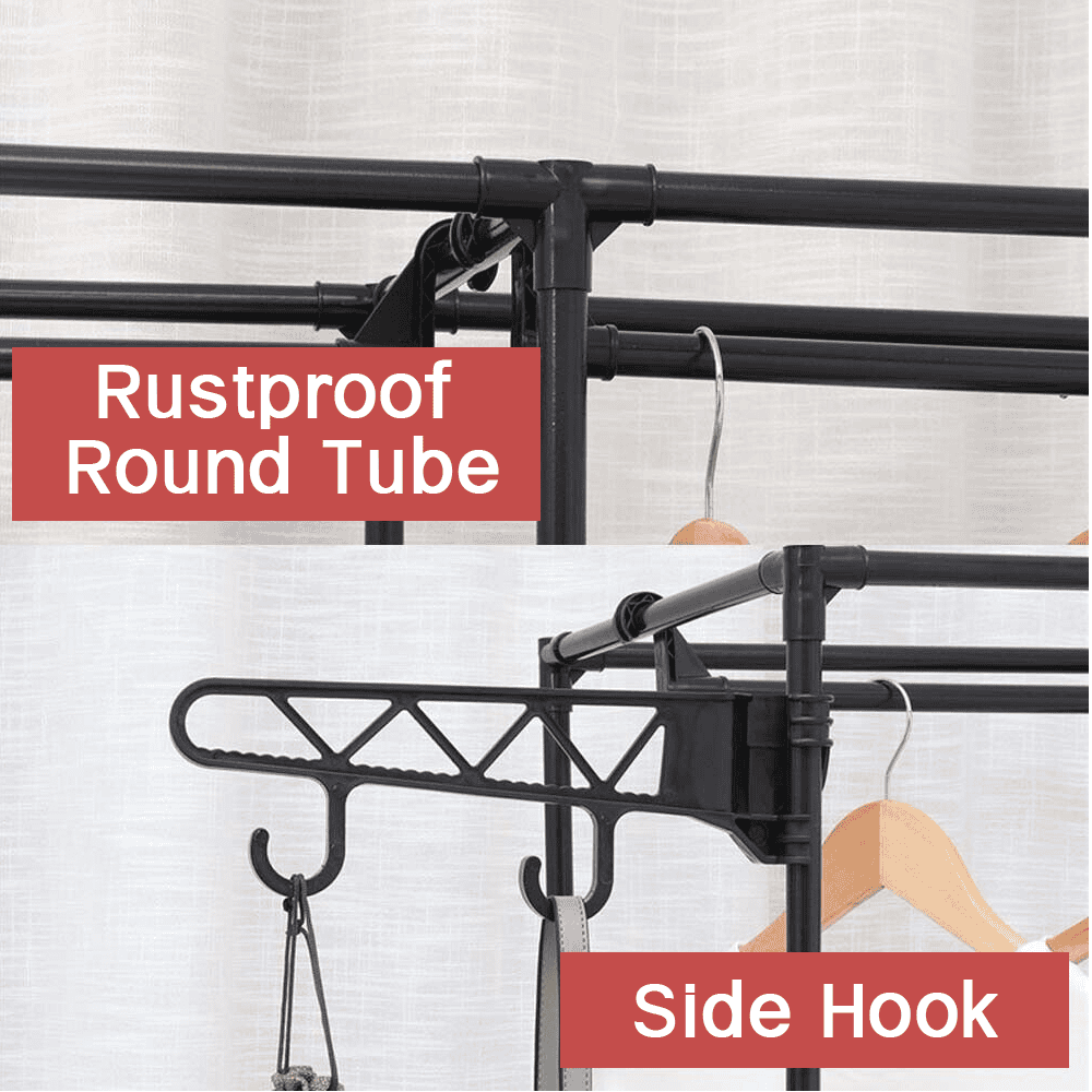 Multifunctional Clothes Hanger Stand, Simple Fashion Clothes Wardrobe, Double Row Clothes Rack, Floor Garment Storage Wardrobe, Metal Black Floor Standing Coat Rack, Hallway Furniture Assembly Hanger Shelf